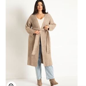 Eloquii Long Belted Cardigan Taupe Sweater Coat Warm Heavy Size 18/20